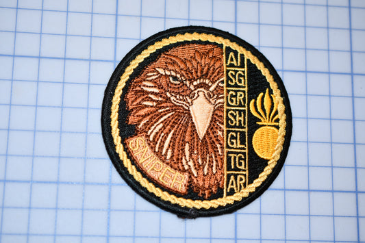 a close up of a patch with a bird on it