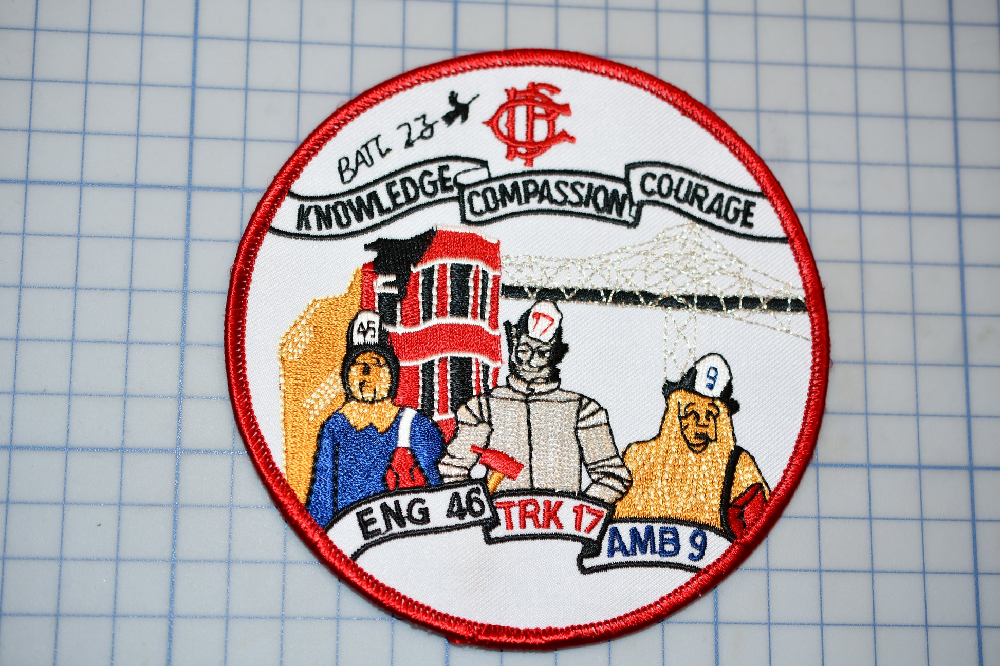 a patch with a picture of two men and a firetruck