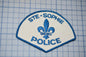 a blue and white patch with a fleur de lis on it